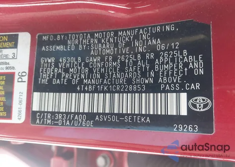 2012 Toyota Camry L from USA, damaged, VIN 4T4BF1FK1CR228853